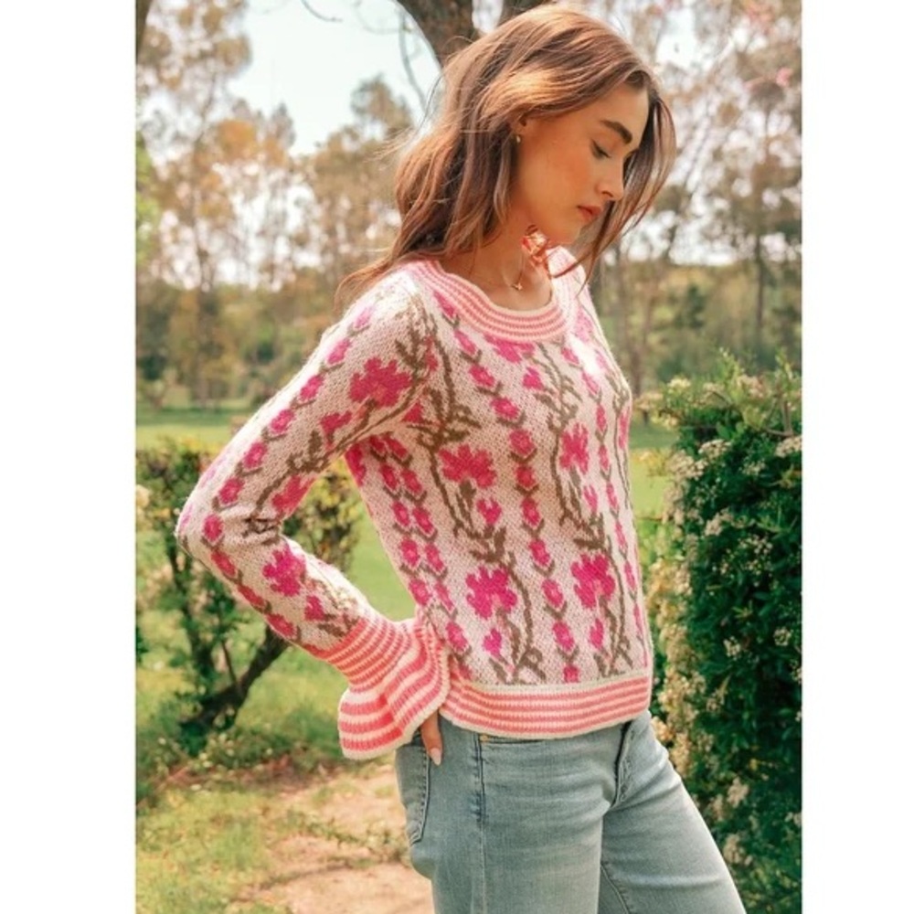 So Me Pink Floral Knit Sweater with Cream and Green Accents